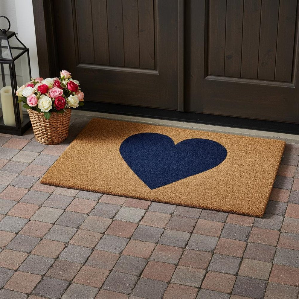 36" X 72" Dark Blue And Brown Valentine's Day Heart Welcome Outdoor Coir Door Mat
