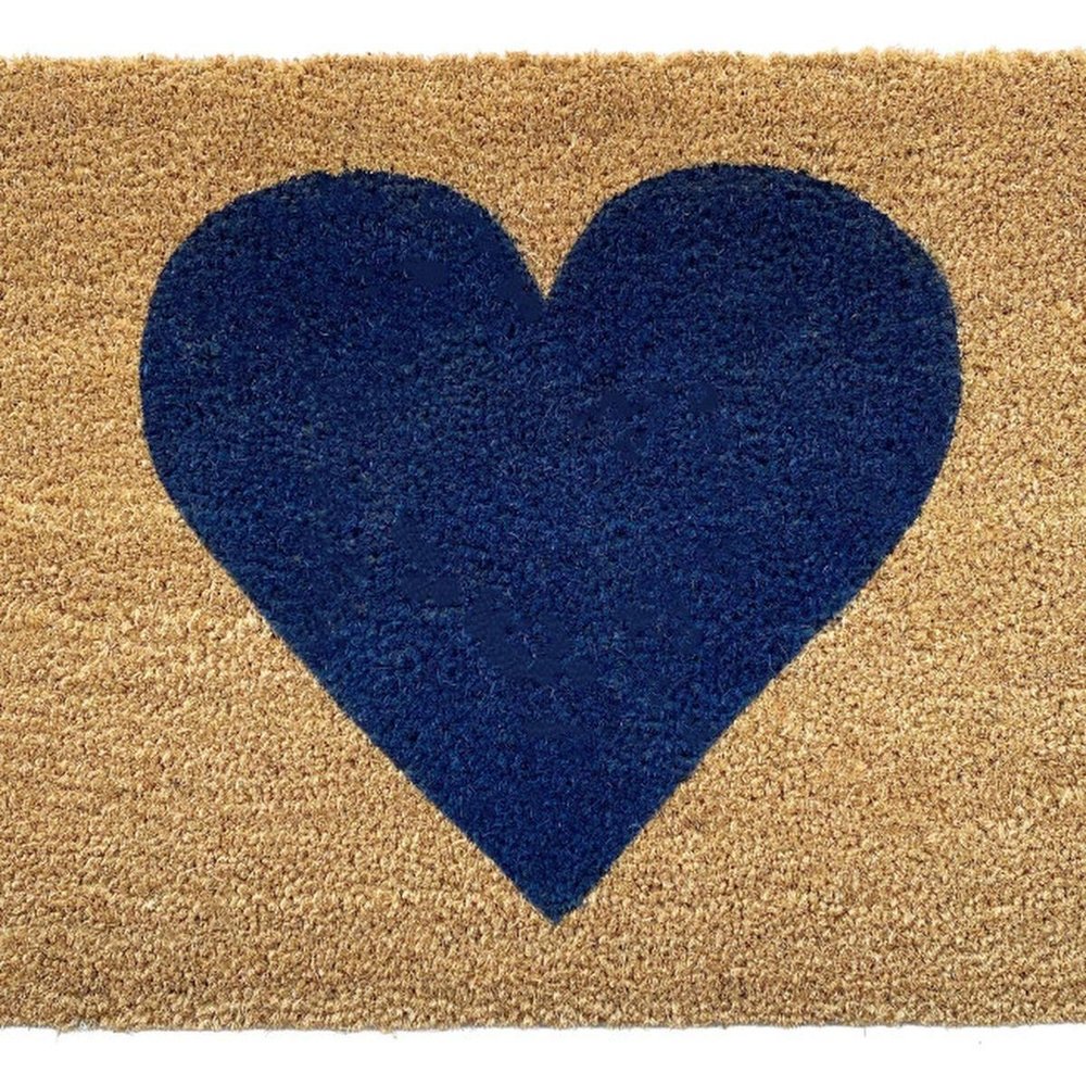36" X 72" Dark Blue And Brown Valentine's Day Heart Welcome Outdoor Coir Door Mat close-up highlighting the brown surface.