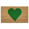 A brown coir doormat with a large green heart in the center, on a white background.