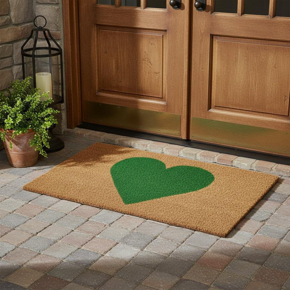 36" X 72" Brown And Green Heart Outdoor Coir Door Mat. Doormat in brown.
