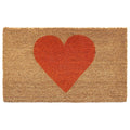 Brown coir doormat with a large orange heart design, on a white background.