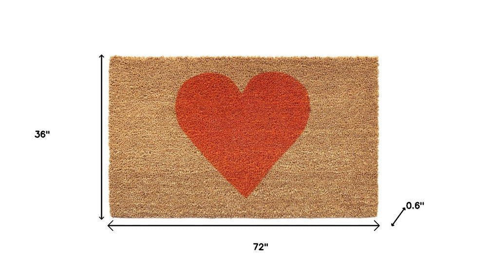 36" X 72" Brown And Orange Heart Outdoor Coir Door Mat