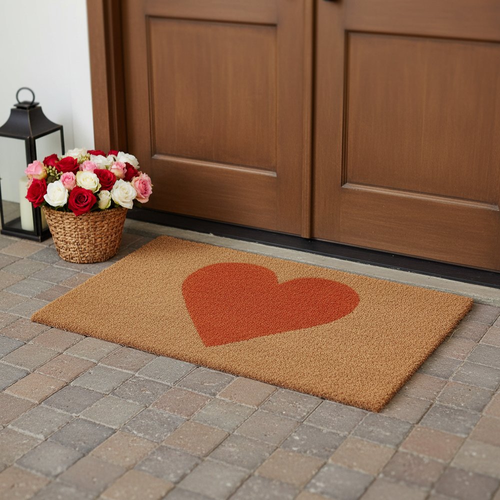 36" X 72" Brown And Orange Heart Outdoor Coir Door Mat styled in a furnished interior with a dark brown wall on a wood floor.
