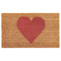 Brown coir doormat with a large red heart design in the center, on a white background.