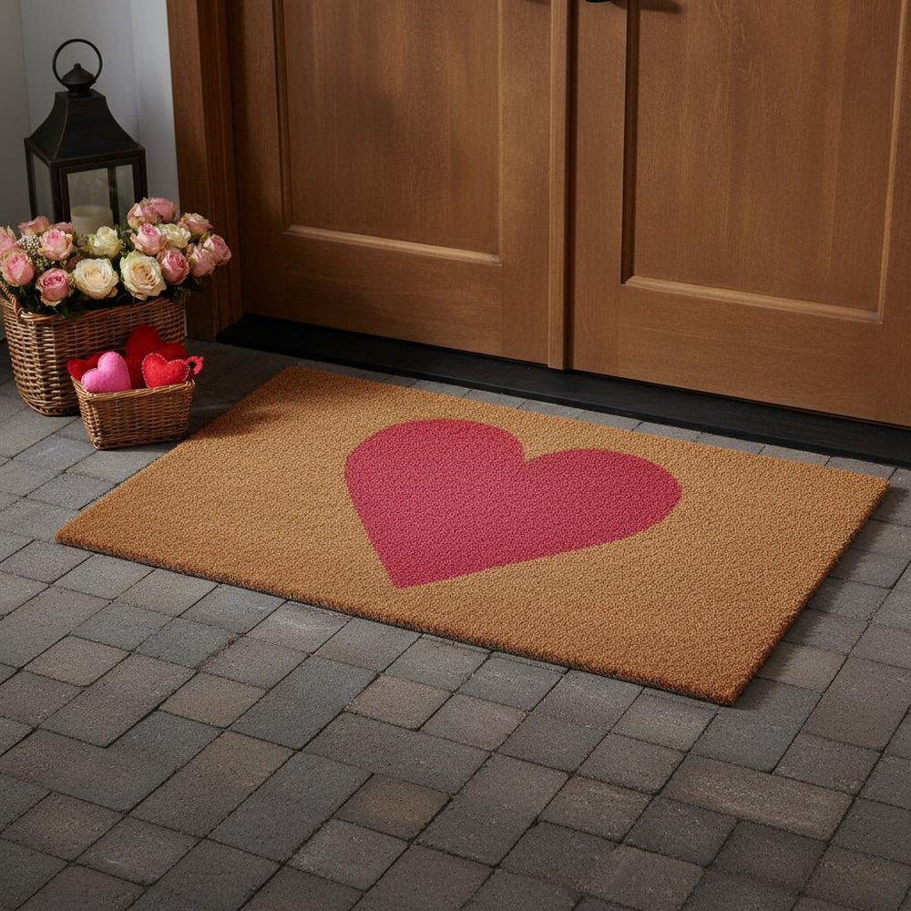 36" X 72" Brown And Pink Heart Outdoor Coir Door Mat. Doormat in brown.
