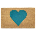 A brown coir doormat with a large turquoise heart design on a white background.