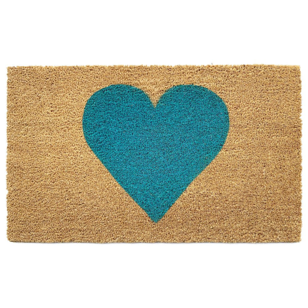36" X 72" Brown And Turquoise Heart Outdoor Coir Door Mat