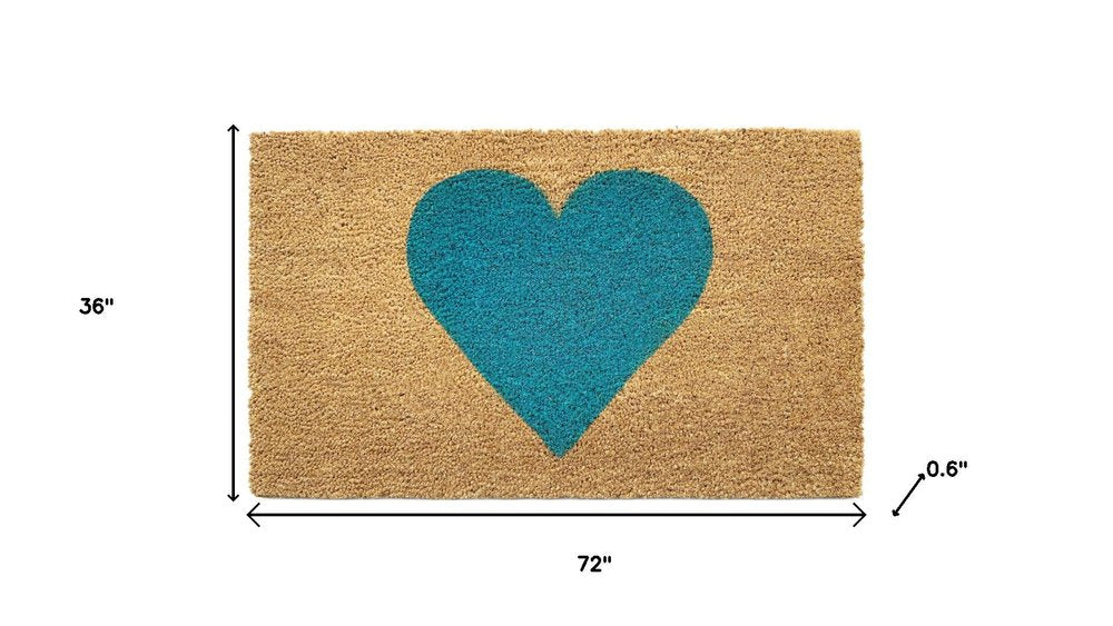 36" X 72" Brown And Turquoise Heart Outdoor Coir Door Mat