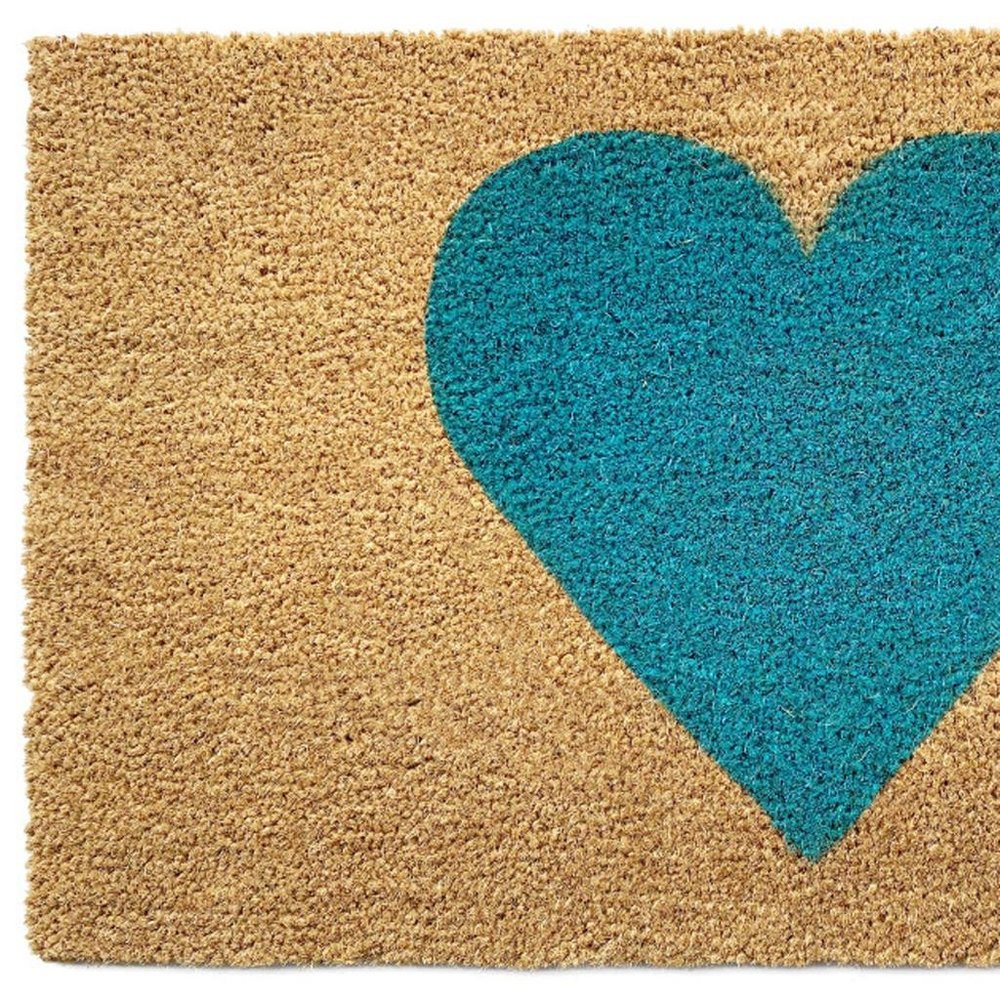 36" X 72" Brown And Turquoise Heart Outdoor Coir Door Mat