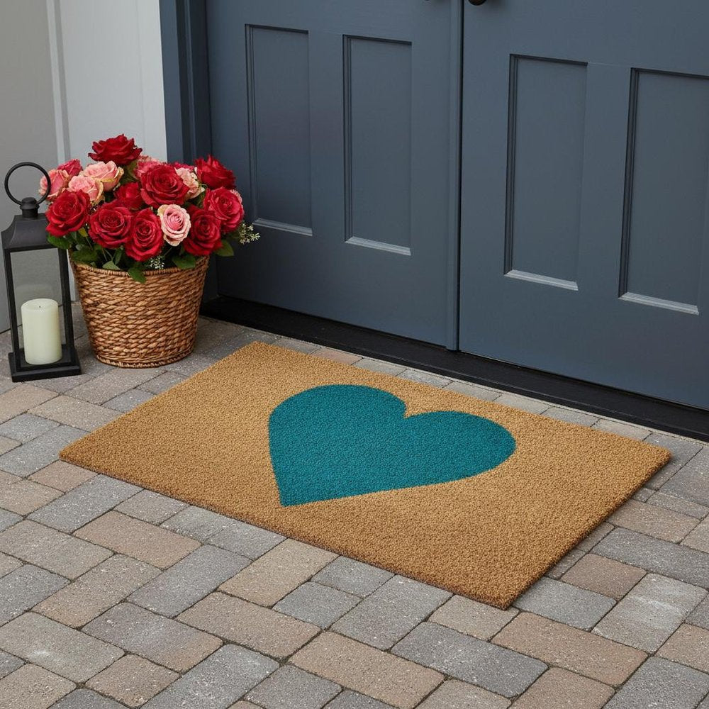 36" X 72" Brown And Turquoise Heart Outdoor Coir Door Mat