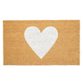 Brown coir doormat with a white heart design, suitable for outdoor use.