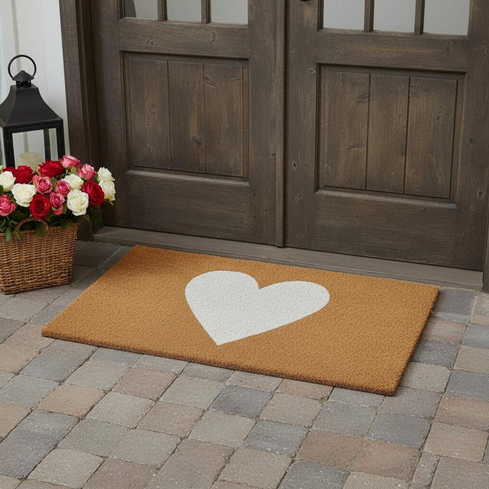 36" X 72" Brown And White Heart Outdoor Coir Door Mat