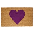 Brown coir doormat with a large purple heart design, shown on a white background.