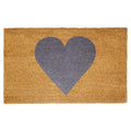 Brown coir doormat with a large gray heart design, suitable for outdoor use.