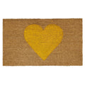 Brown coir doormat with a large yellow heart design in the center, on a white background.