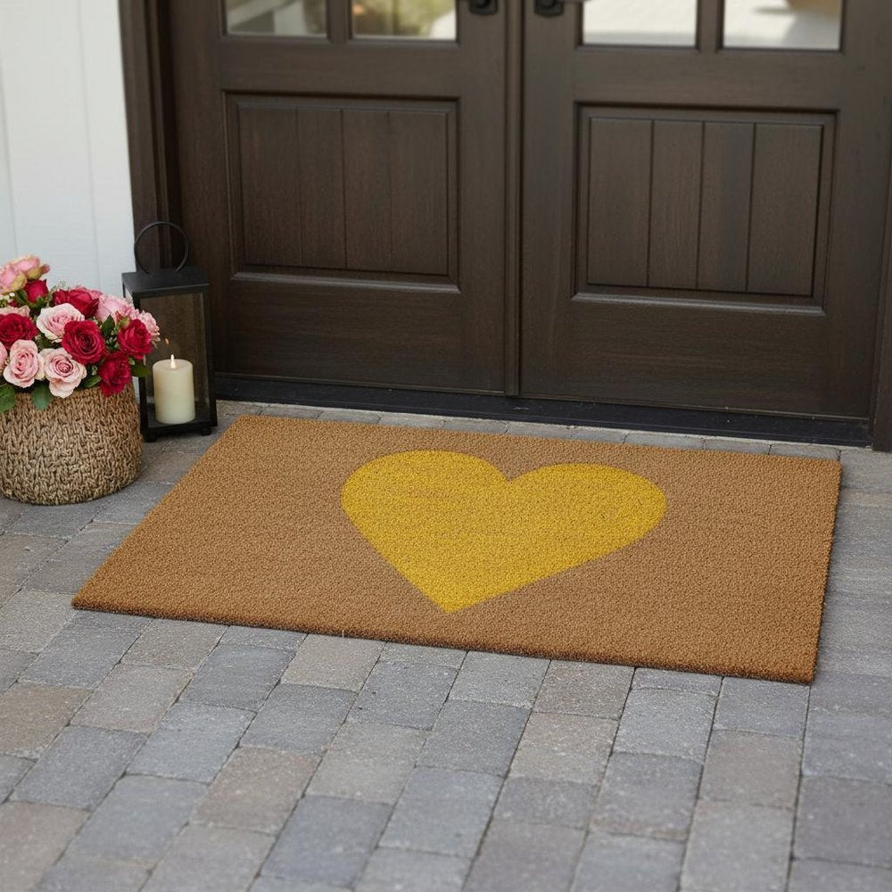36" X 72" Brown And Yellow Heart Outdoor Coir Door Mat