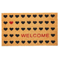 Brown coir doormat with black and red hearts and "WELCOME" in red.
