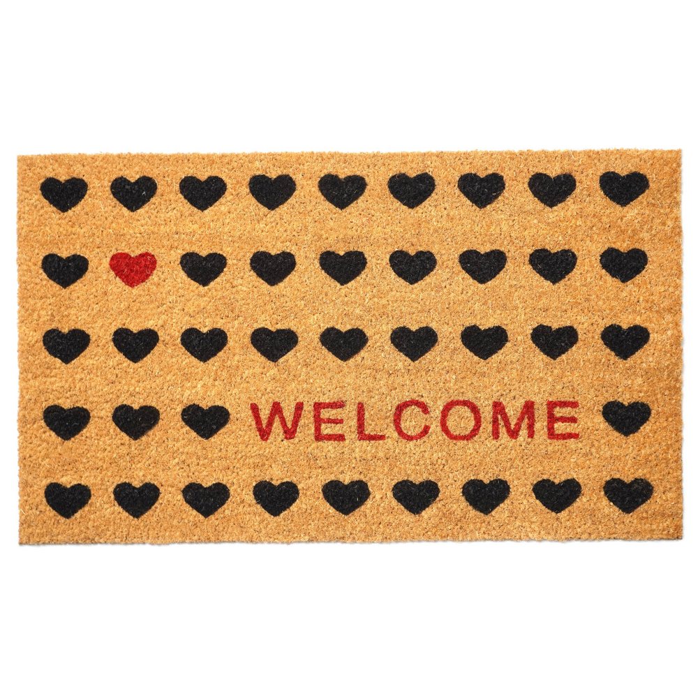 36" X 72" Brown Black And Red Hearts Welcome Outdoor Coir Door Mat