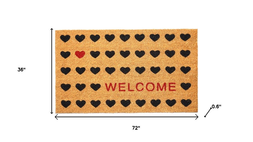 36" X 72" Brown Black And Red Hearts Welcome Outdoor Coir Door Mat