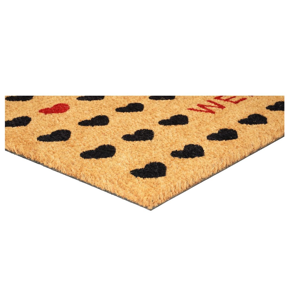36" X 72" Brown Black And Red Hearts Welcome Outdoor Coir Door Mat