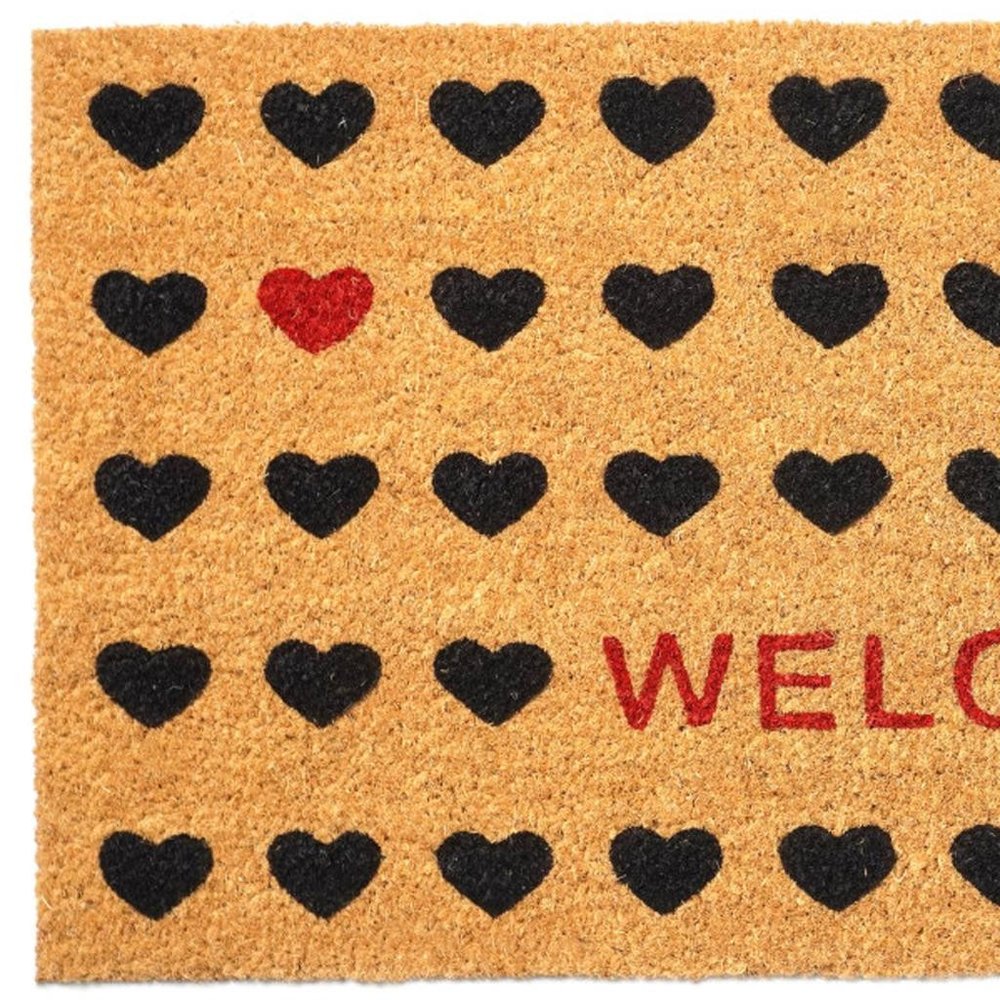 36" X 72" Brown Black And Red Hearts Welcome Outdoor Coir Door Mat