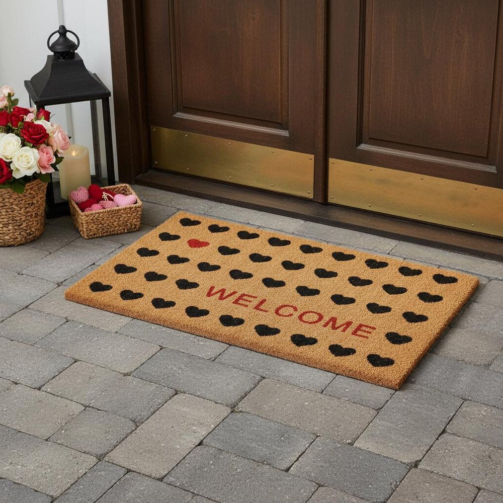 36" X 72" Brown Black And Red Hearts Welcome Outdoor Coir Door Mat