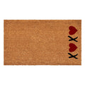 Brown coir doormat with red hearts and black X's printed vertically on the right side.