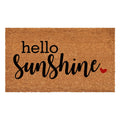 Brown coir doormat with "hello Sunshine" in black script and a small red heart.
