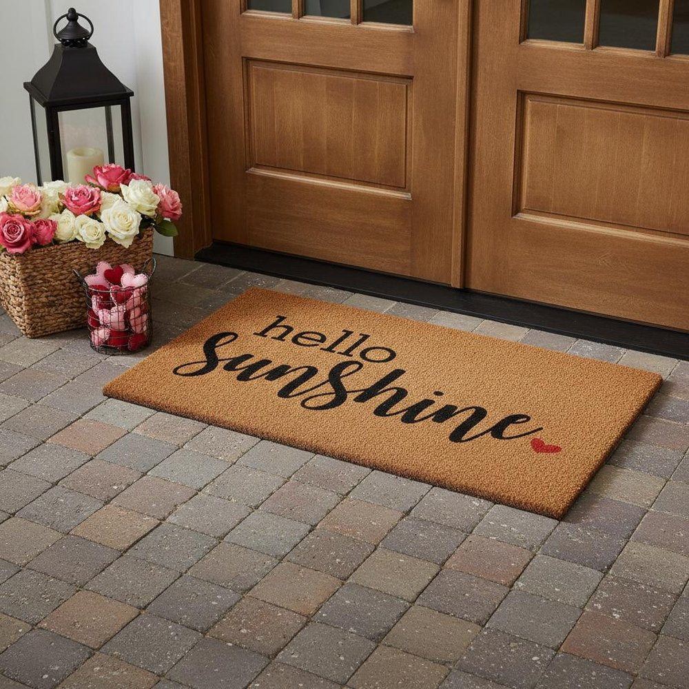 36" X 72" Brown And Black Hello Sunshine Outdoor Coir Door Mat styled in a furnished interior with a dark brown wall on a wood floor.