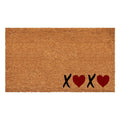 Brown coir doormat with black X's and red hearts spelling out XOXO.