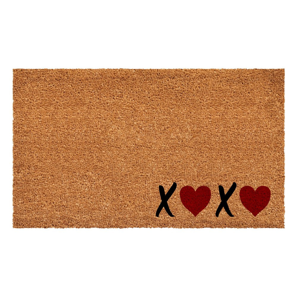 36" X 72" Brown Black And Red Valentine's Day Heart XOXO Outdoor Coir Door Mat