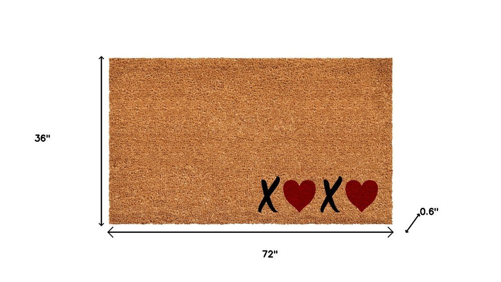 36" X 72" Brown Black And Red Valentine's Day Heart XOXO Outdoor Coir Door Mat