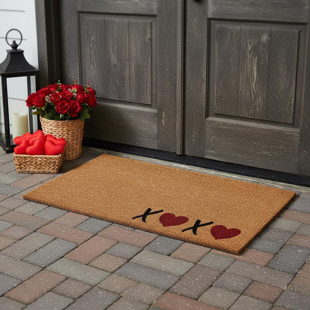 36" X 72" Brown Black And Red Valentine's Day Heart XOXO Outdoor Coir Door Mat