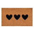 Brown coir doormat with three black heart shapes in a horizontal line on a white background.