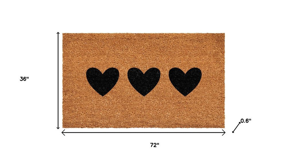 36" X 72" Brown And Black Three Hearts Outdoor Coir Door Mat