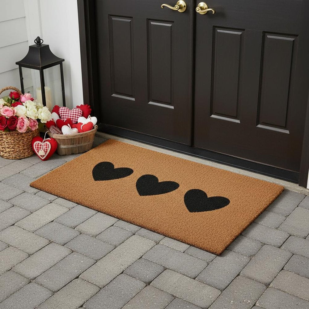 36" X 72" Brown And Black Three Hearts Outdoor Coir Door Mat