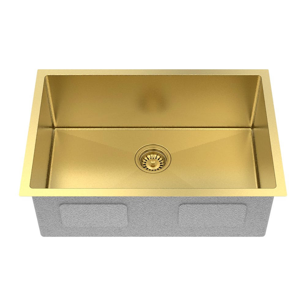 10" X 27" Gold Stainless Steel Undermount Kitchen Sink. Kitchen & utility sink isolated on a plain white background, finished in gold metal.