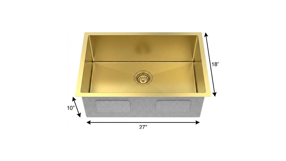 10" X 27" Gold Stainless Steel Undermount Kitchen Sink. Kitchen & utility sink isolated on a plain white background, finished in gold metal.
