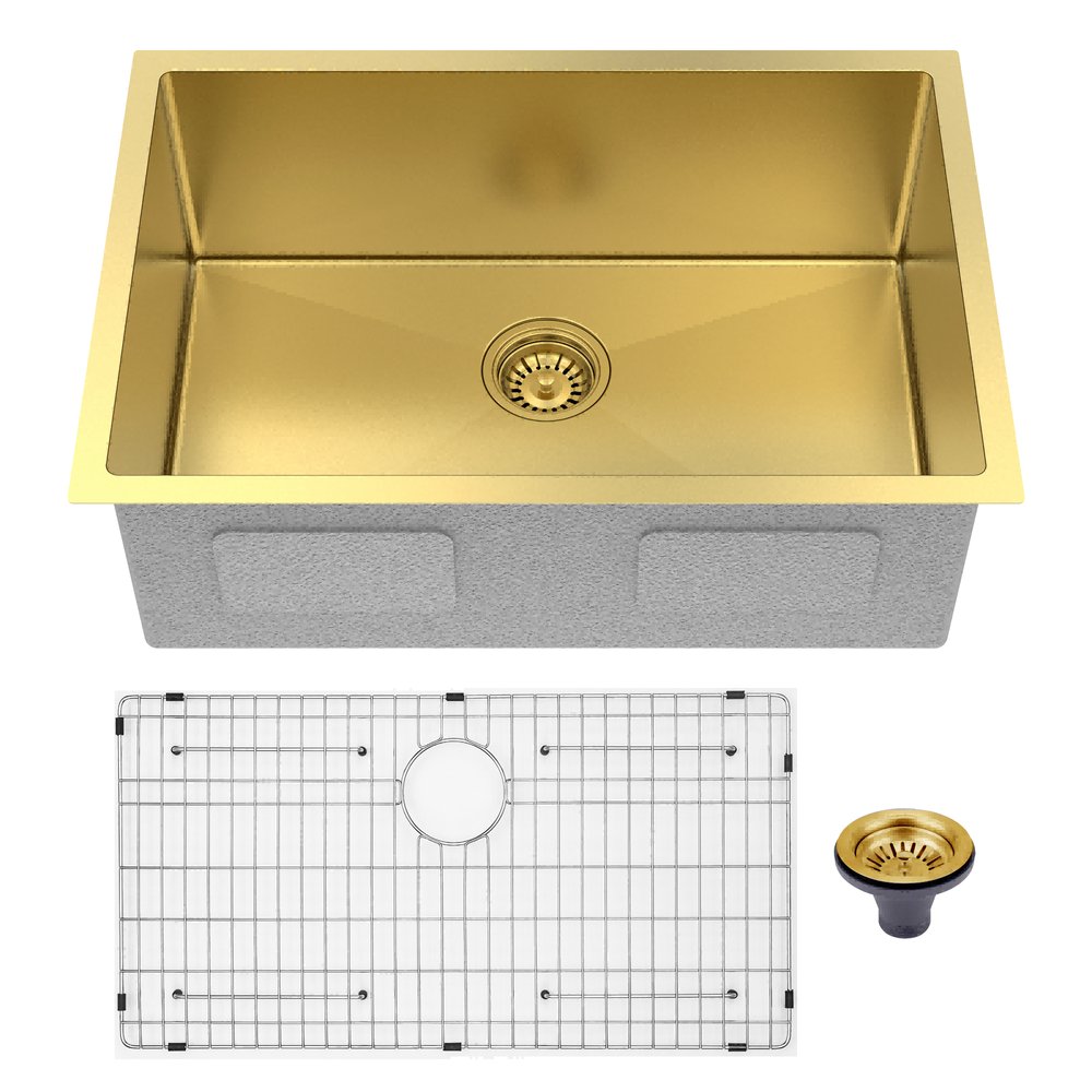 10" X 27" Gold Stainless Steel Undermount Kitchen Sink. Kitchen & utility sink isolated on a plain white background, in a gold metal finish.