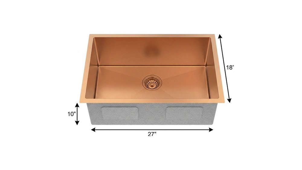 10" X 27" Rose Gold Stainless Steel Undermount Kitchen Sink. Kitchen & utility sink isolated on a plain white background, in a gold metal finish.