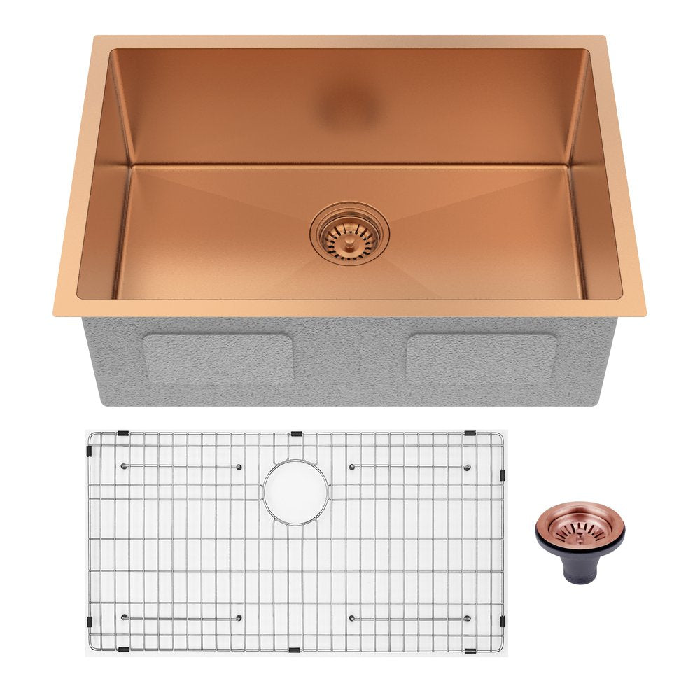 Undermount kitchen sink with rose gold interior, gray exterior, and matching drain and rack on a white background.