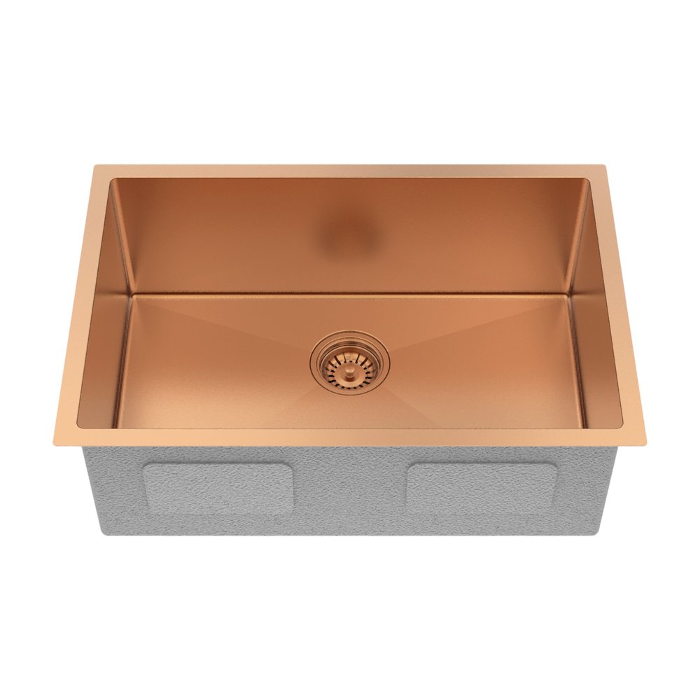 10" X 27" Rose Gold Stainless Steel Undermount Kitchen Sink. Kitchen & utility sink isolated on a plain white background, showing a gold metal surface.