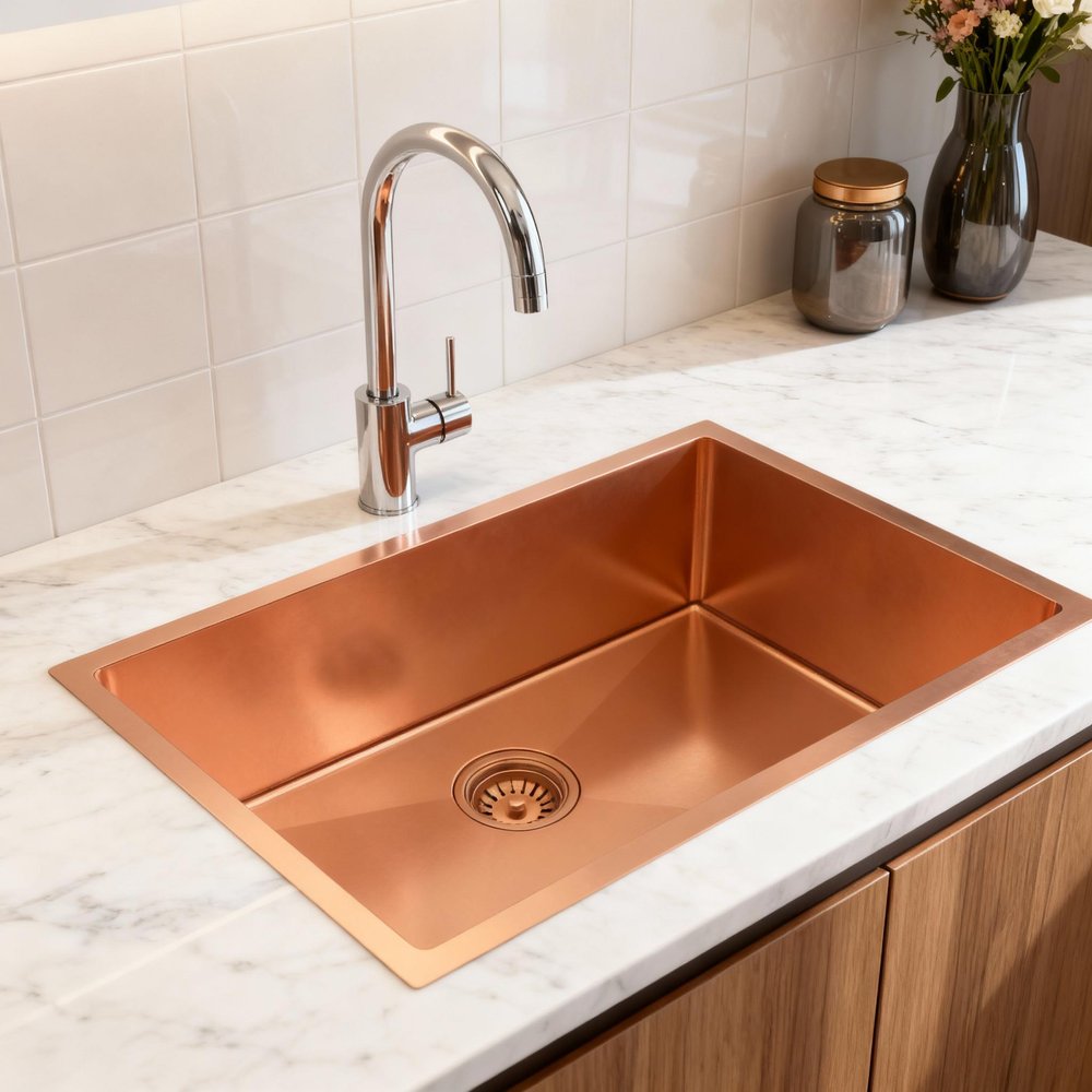 10" X 27" Rose Gold Stainless Steel Undermount Kitchen Sink styled in a furnished interior with a cream wall on a off-white floor.