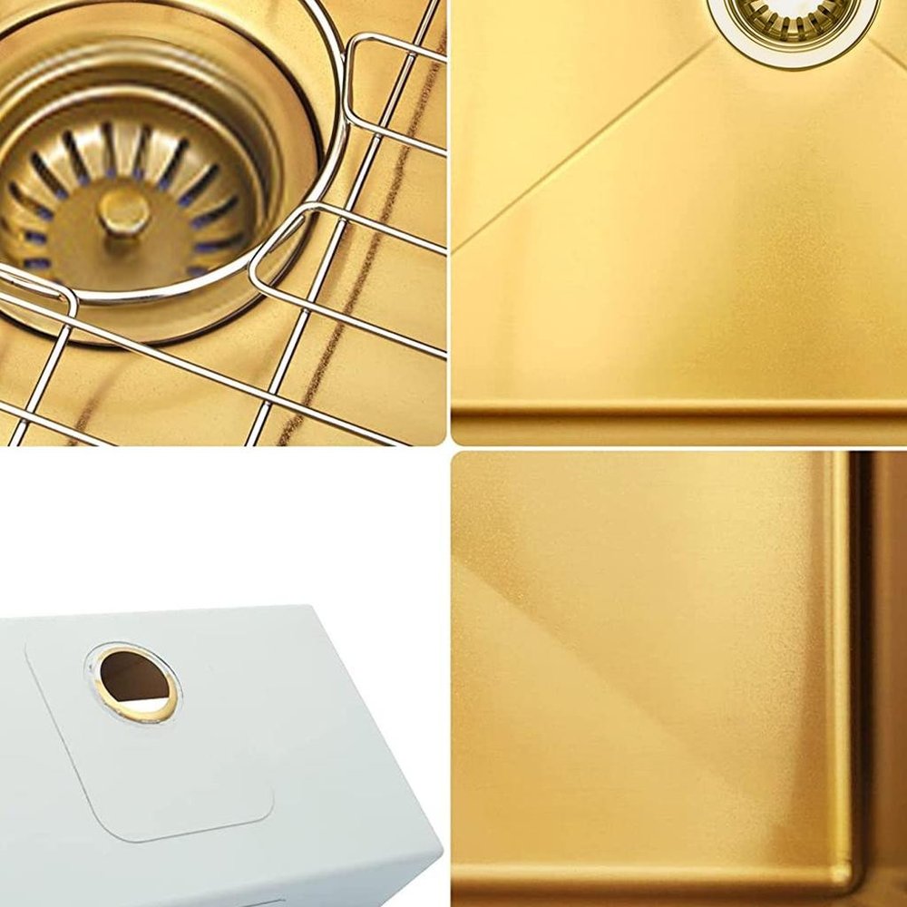 10" X 33" Gold Stainless Steel Undermount Kitchen Sink - SKU 719941. Kitchen & utility sink in gold metal.