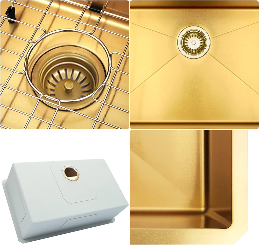 10" X 33" Gold Stainless Steel Undermount Kitchen Sink - SKU 719941 detail shot of the gold metal finish.