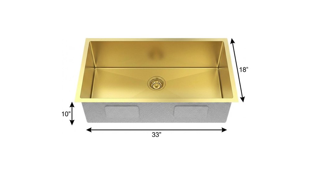 10" X 33" Gold Stainless Steel Undermount Kitchen Sink - SKU 719941. Kitchen & utility sink isolated on a plain white background, in a gold metal finish.