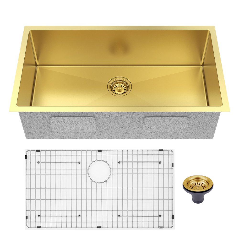10" X 33" Gold Stainless Steel Undermount Kitchen Sink - SKU 719941. Kitchen & utility sink isolated on a plain white background, finished in gold metal.