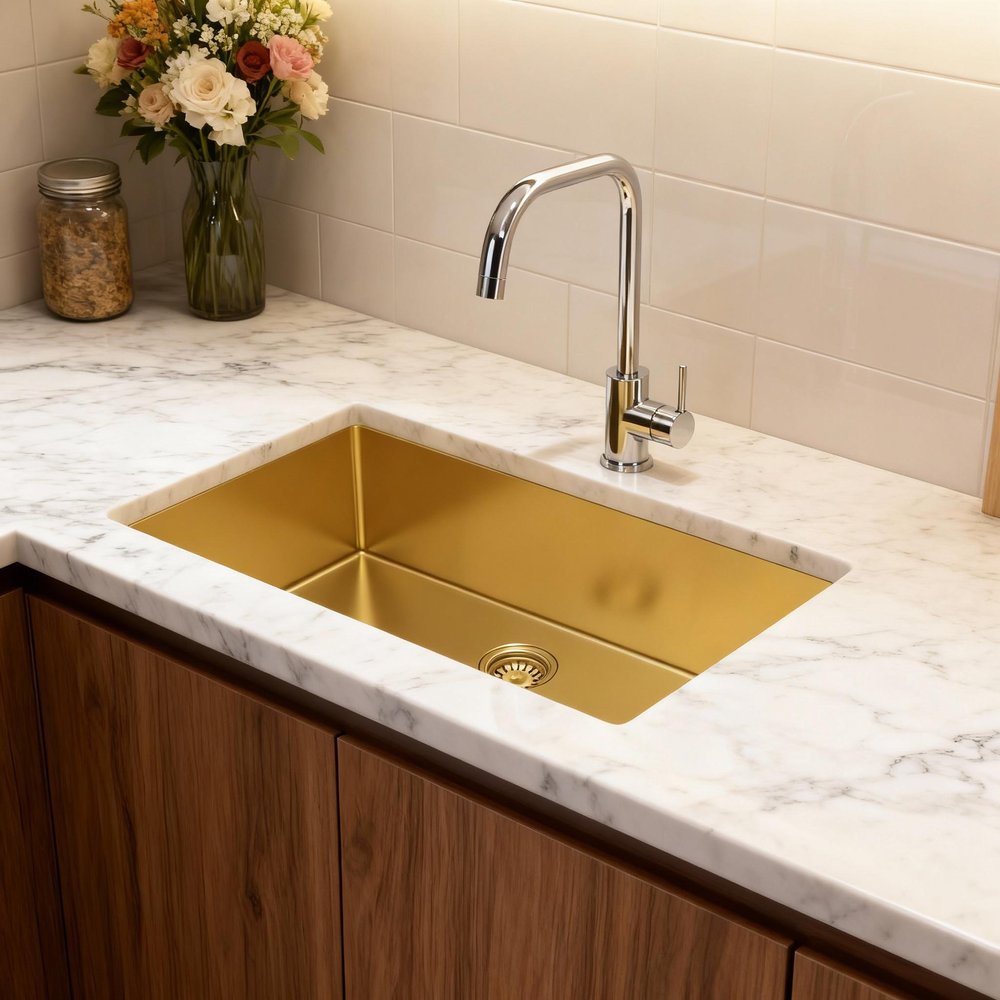 10" X 33" Gold Stainless Steel Undermount Kitchen Sink - SKU 719941 styled in a furnished interior with a cream wall on a dark wood floor.