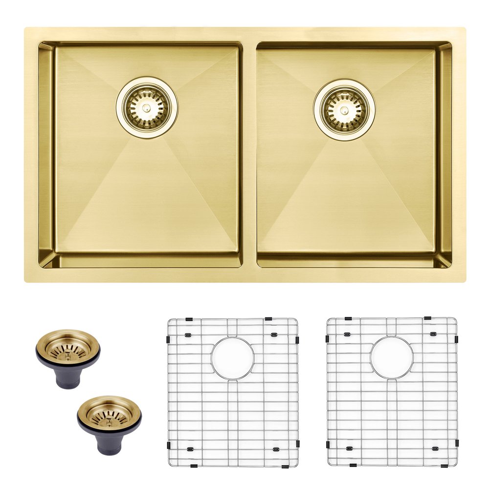 10" X 33" Gold Stainless Steel Undermount Kitchen Sink - SKU 719942. Kitchen & utility sink isolated on a plain white background, finished in gold metal.