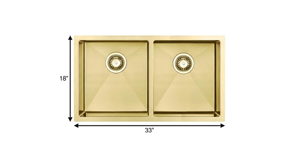 10" X 33" Gold Stainless Steel Undermount Kitchen Sink - SKU 719942. Kitchen & utility sink isolated on a plain white background, showing a gold metal surface.